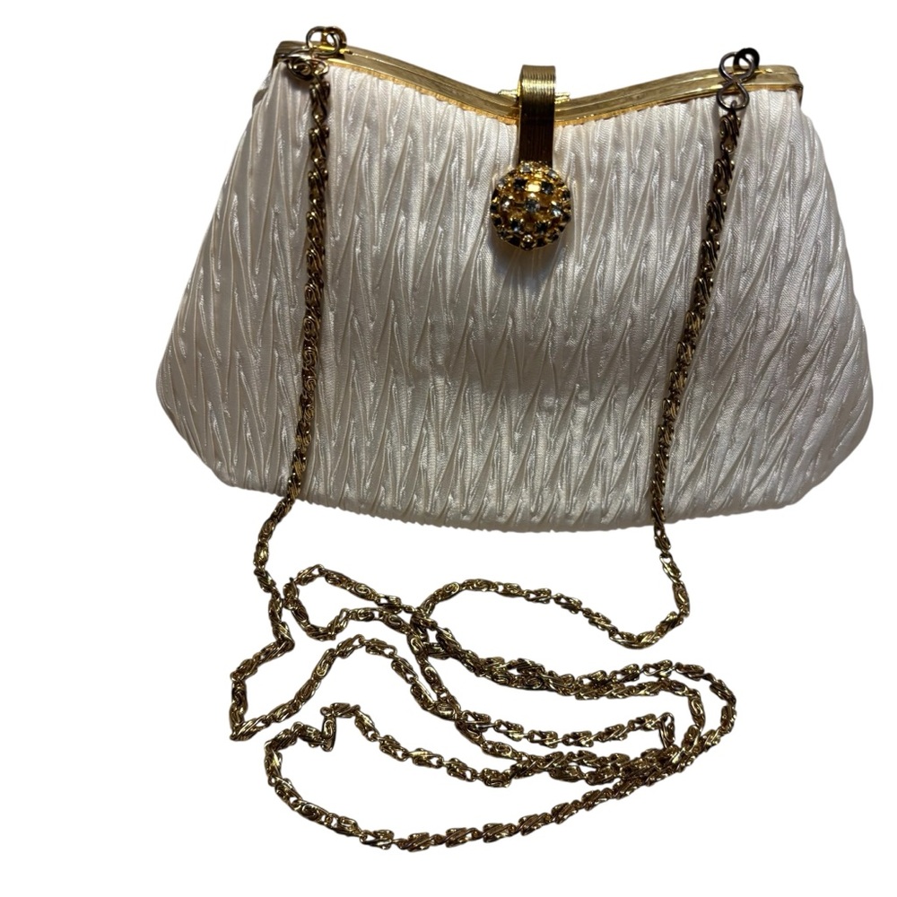 Morgan Taylor Crossbody Clutch Bag Ivory Satin Gold Hardware Chain Strap